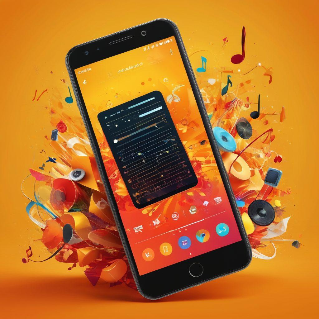 A vibrant digital collage showcasing a smartphone displaying the XPlayer app interface, surrounded by colorful multimedia elements like music notes, film reels, and visual art swirls, conveying a joyful and immersive experience. Use warm colors and dynamic shapes to evoke a sense of engaging all the senses. 2D vector art with a playful and modern design.