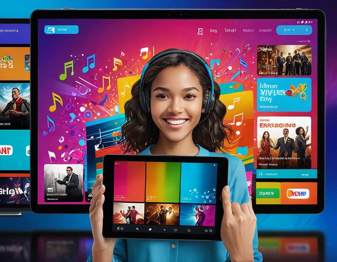 A vibrant digital landscape showcasing a user joyfully interacting with the XPlayer App on various devices, such as a tablet, smartphone, and smart TV, surrounded by colorful musical notes and animated movie reels. Highlight the app's intuitive interface with lively visuals emanating, symbolizing enhanced entertainment experiences. Incorporate a bright, cheerful color palette to evoke a sense of joy and excitement. super-realistic, vibrant colors, digital art.