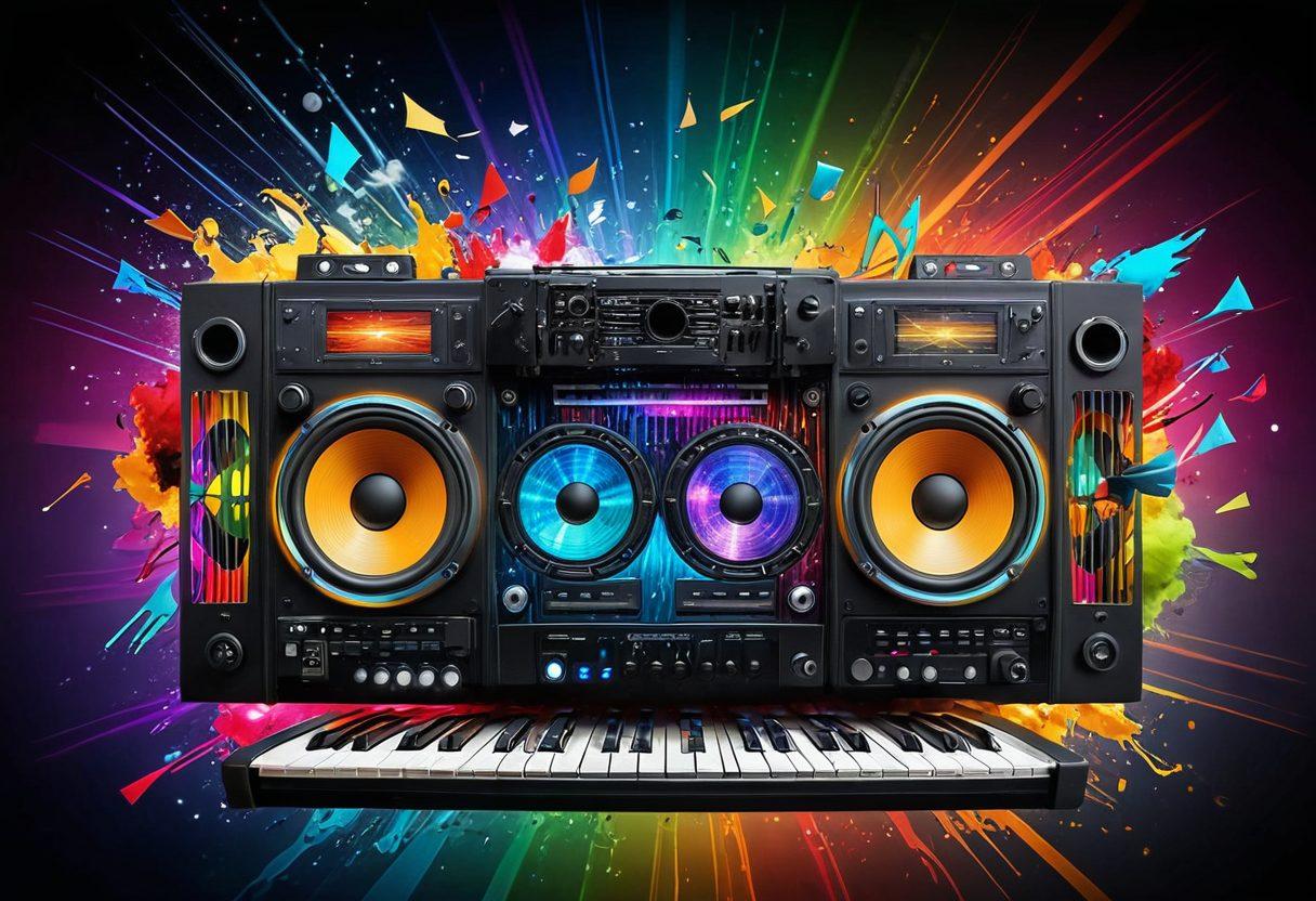 A dynamic collage showcasing the evolution of digital entertainment, blending elements of music notes transforming into film reels, with vibrant bursts of color representing sound waves and cinematic scenes. A futuristic device labeled 'XPlayer' sits at the center, radiating digital energy. The background features hints of concert lights and a movie theater ambiance to capture the essence of both music and film. surrealistic style. vibrant colors. energetic vibe.